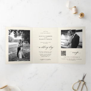 Minimal photo QR code RSVP details ivory wedding Tri-Fold Invitation