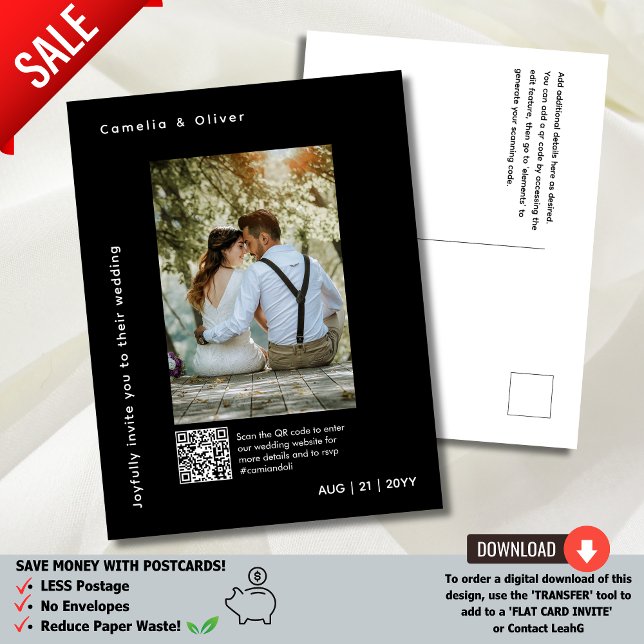  MINIMAL Photo Save the Date QR CODE Budget Black Postcard (Creator Uploaded)