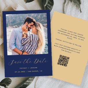 Minimal Photo Script Navy Blue Gold QR Code Save The Date