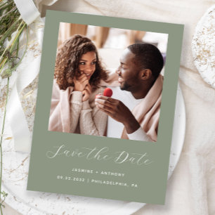 Minimal Photo Script Sage Green Save the Date Announcement Postcard