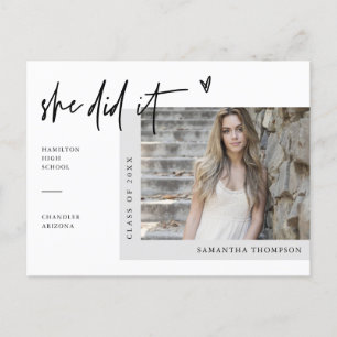 Minimal Photo She Did It Graduation Announcement Postcard
