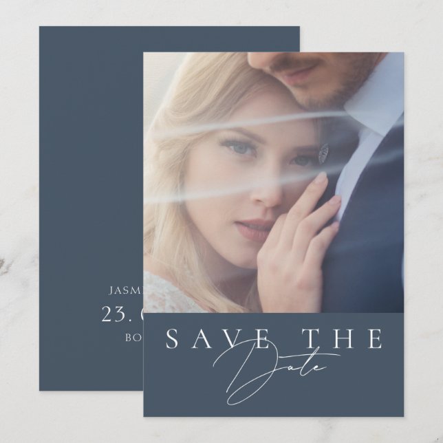 Minimal Photo Slate Blue Wedding Save The Date (Front/Back)