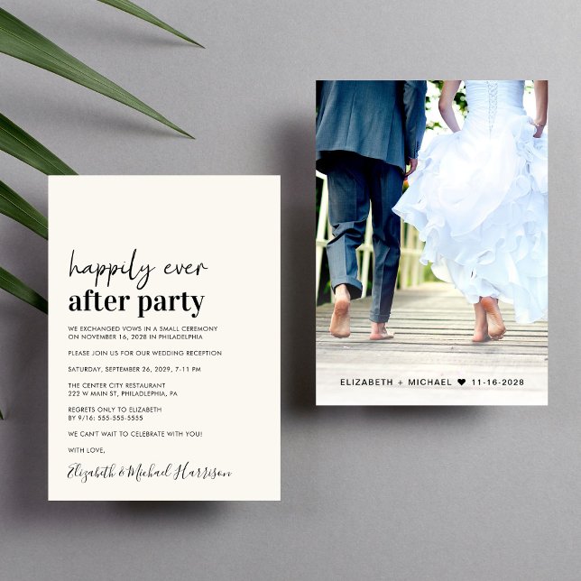 Minimal Photo Wedding Reception Cream Invitation (An chic Happily Ever After Party invitation for your wedding celebration)