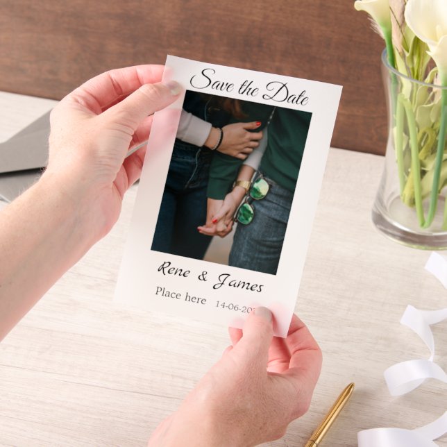 Minimal photo white black classic elegant save the vellum invitations (Handheld)