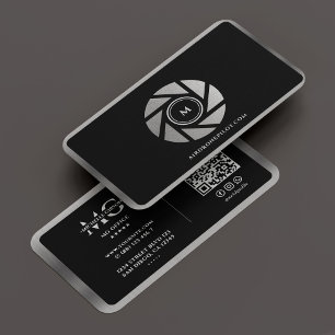 Minimal Photographer Elegant Black Silver Lens  Business Card