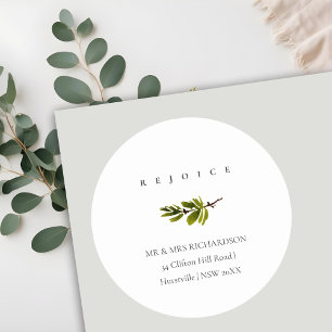 Minimal Pine Branch Christmas Address Rejoice Classic Round Sticker