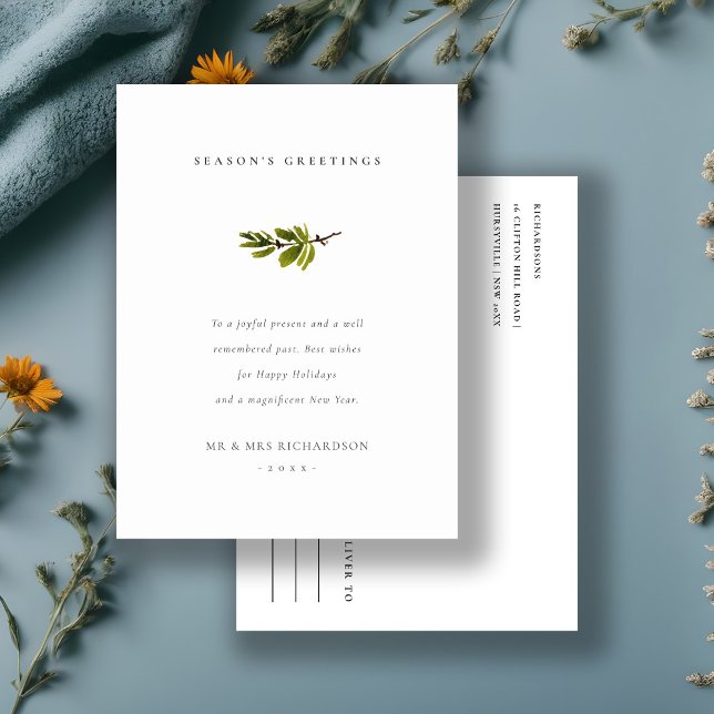 Minimal Pine Branch Christmas Season's Greetings Holiday Postcard (Creator Uploaded)