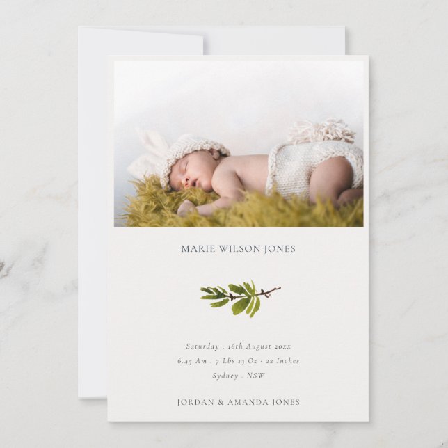 Minimal Pine Branch Photo Baby Birth Announcement (Front)