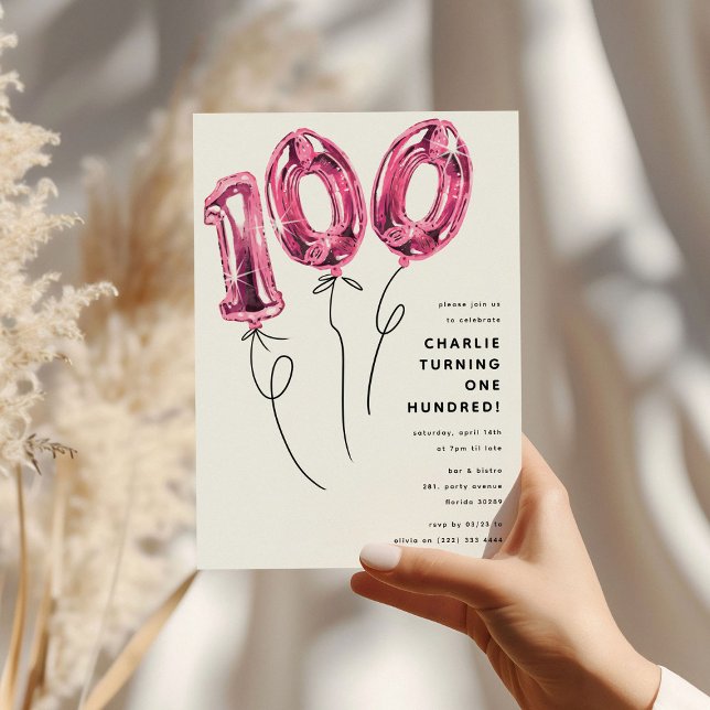 Minimal Pink 100 Balloon 100th Birthday Party Invitation (Creator Uploaded)