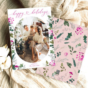 Minimal & Pink 1 Family Photo Happy Holidays Card 