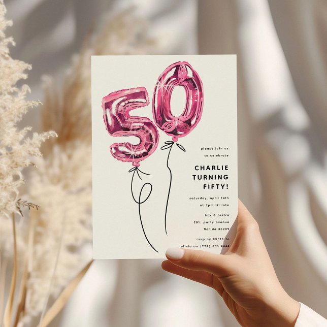 Minimal Pink 50 Balloon 50th Birthday Party Invitation (Creator Uploaded)