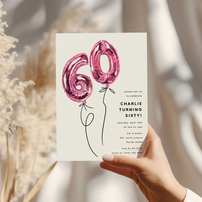 Minimal Pink 60 Balloon 60th Birthday Party Invitation (Creator Uploaded)