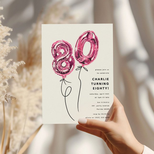 Minimal Pink 80 Balloon 80th Birthday Party Invitation (Creator Uploaded)