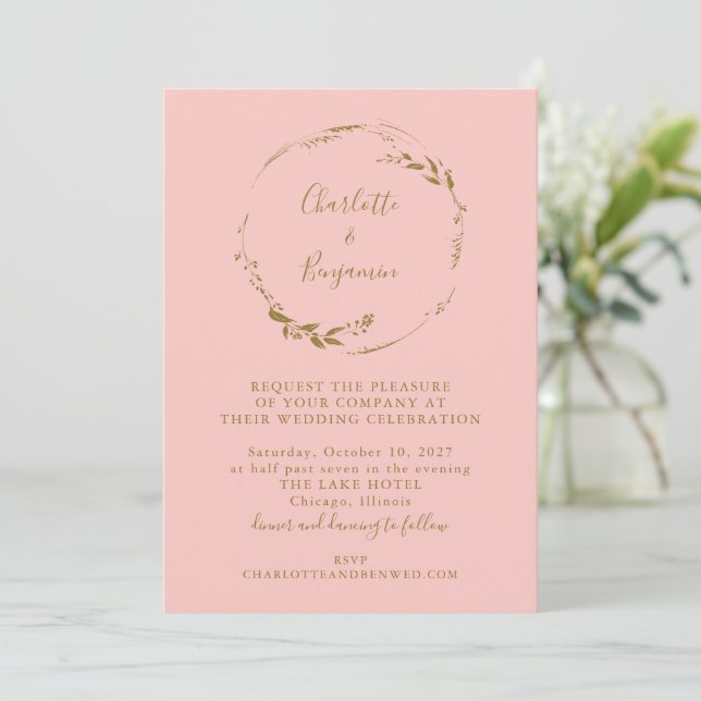 Minimal Pink and Gold Floral Wreath Script Wedding Invitation (Standing Front)