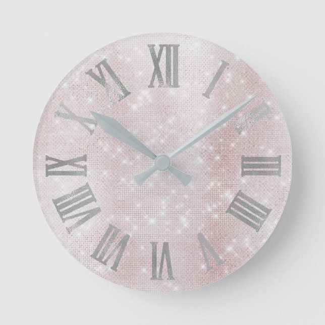 Minimal Pink Blush Silver Grey Spark Roman Numbers Round Clock (Front)