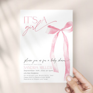 Minimal Pink Bow Baby Shower Invitation