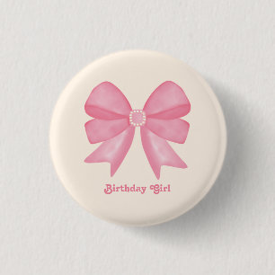 Minimal Pink Bow Sweet Birthday Girl 3 Cm Round Badge