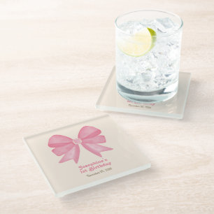 Minimal Pink Bow Sweet Girl Birthday Glass Coaster