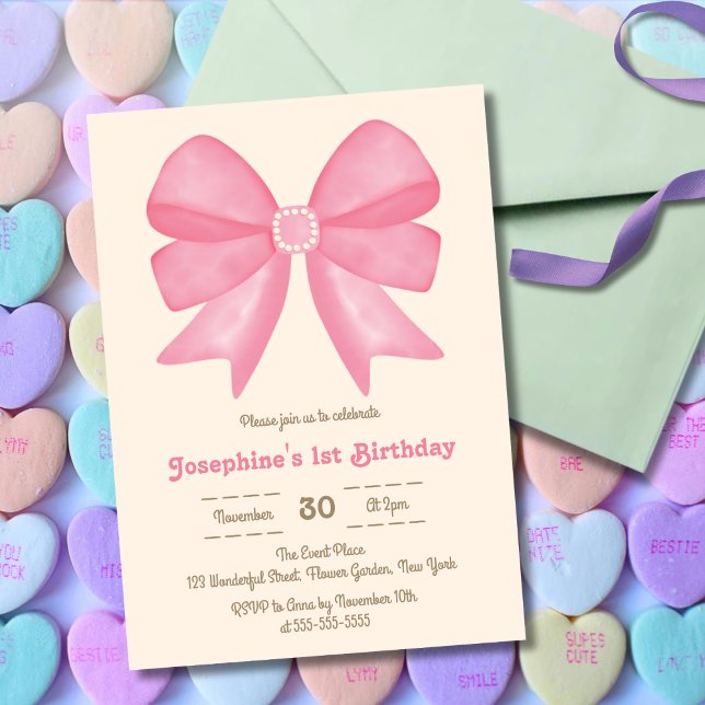Minimal Pink Bow Sweet Girl Birthday Invitation (Creator Uploaded)