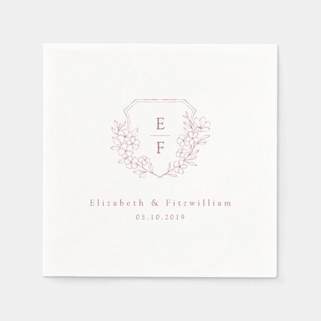 Minimal Pink Cherry Blossom Monogram Crest Wedding Napkin (Front)