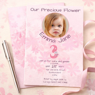 Minimal Pink Floral Photo Girl's 3rd Birthday  Invitation