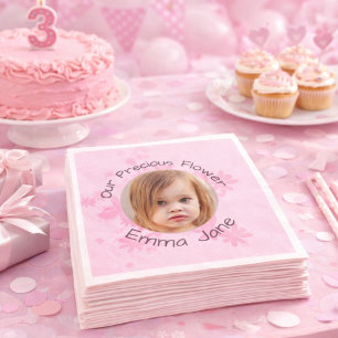 Minimal Pink Floral Photo Girl's 3rd Birthday  Napkin
