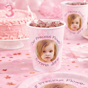 Minimal Pink Floral Photo Girl's 3rd Birthday  Paper Cups