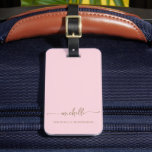 Minimal Pink Gold Calligraphy Script Monogram Name Luggage Tag<br><div class="desc">Modern Elegant Minimalist Gold Monogram Name Signature Script Custom Personalised Blush Pink Luggage Bag Tag. This delicate design featuring custom name in a cursive hand written swash tail font calligraphy (or typography) full name and the contact info text (at the back) in gold on blush pink or baby pink colour...</div>