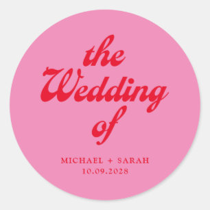 Minimal Pink Red Retro Wedding Classic Round Sticker