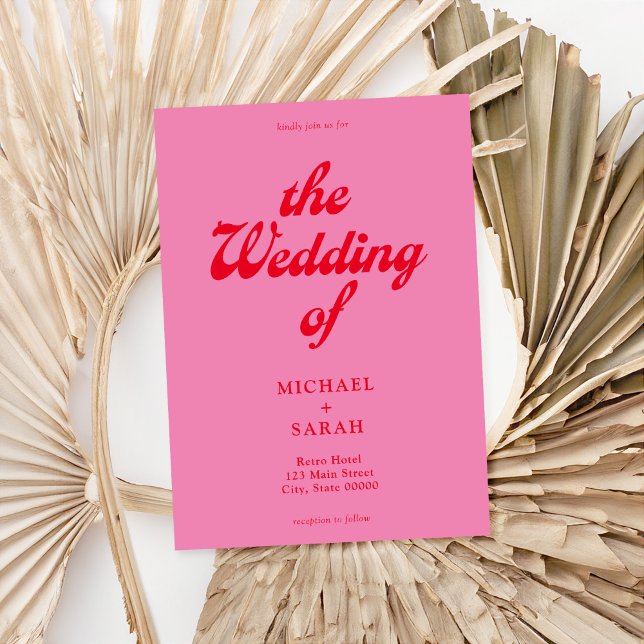 Minimal Pink Red Retro Wedding Invitation (Creator Uploaded)
