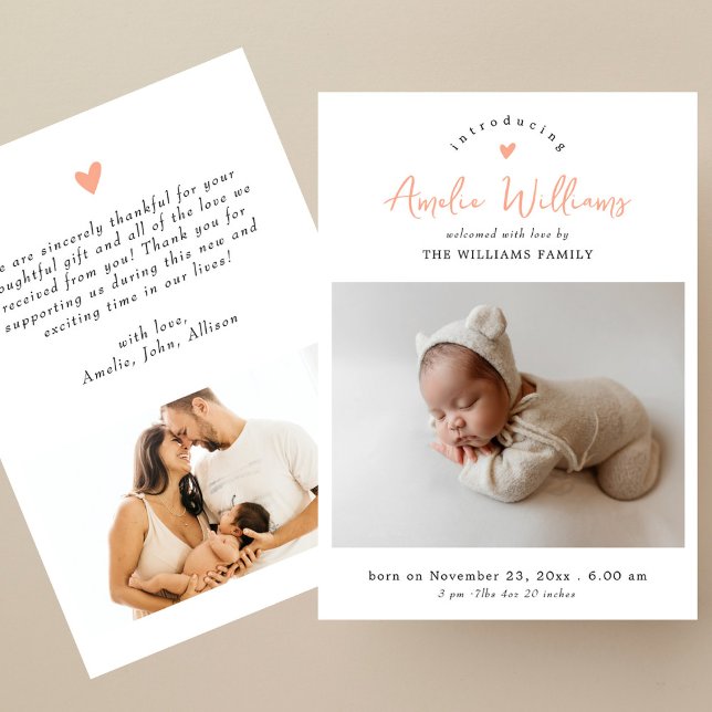 Minimal Pink Script Elegant 2 Photo Baby Shower Thank You Card (Creator Uploaded)