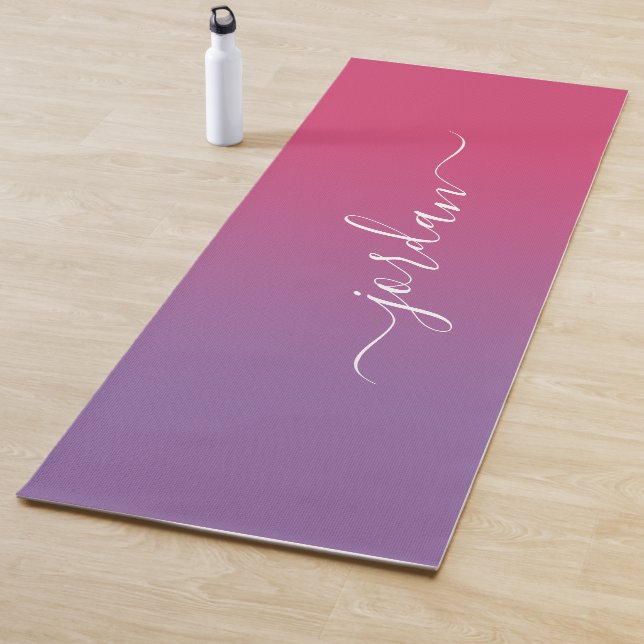 Minimal Pink to Purple Gradient White Script Name Yoga Mat (In Situ)