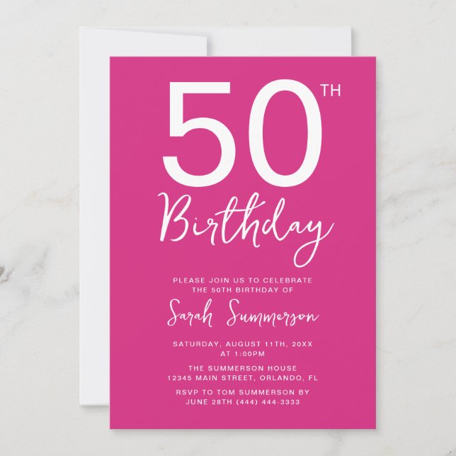 Minimal Pink White Script 50th Birthday Party Invitation (Front)