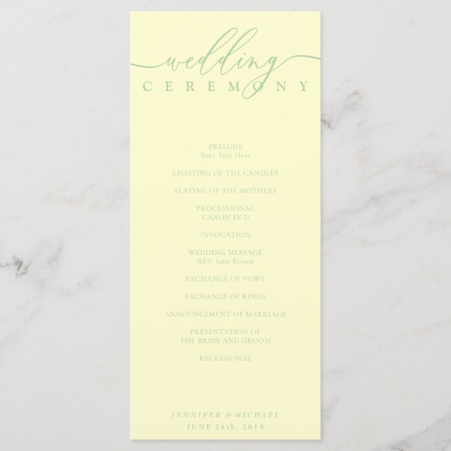 Minimal Pistachio & Cream Script Wedding Ceremony Programme (Front)