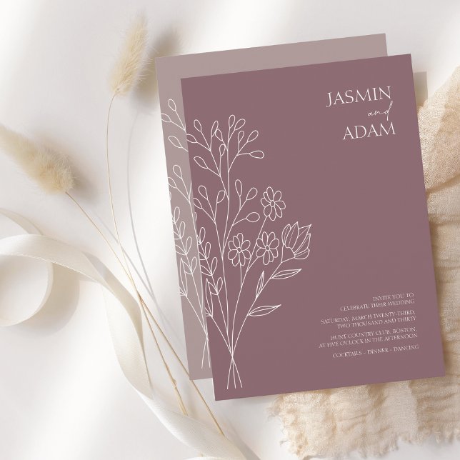 Minimal Plum Purple White Wildflowers Wedding Invitation (Creator Uploaded)