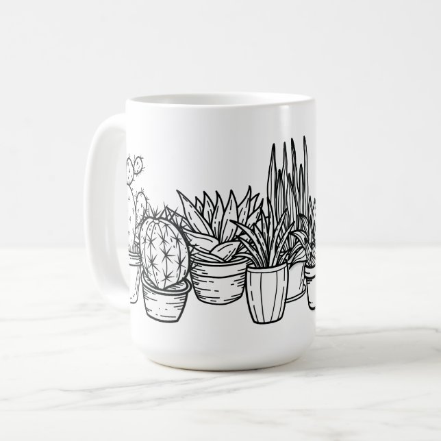 Minimal Potted Cacti – Black Ink Botanical Coffee Mug (Front Left)