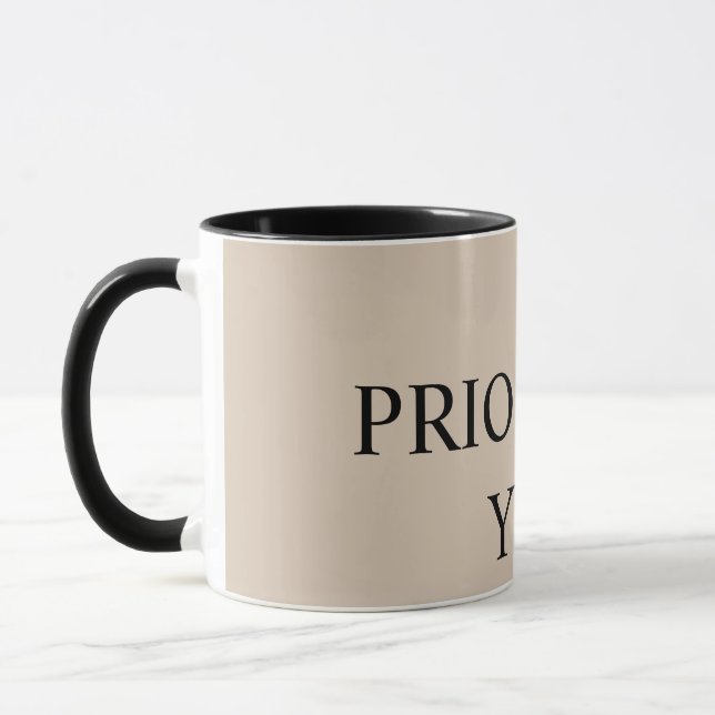 Minimal Prioritise You Quote beige Mug (Left)