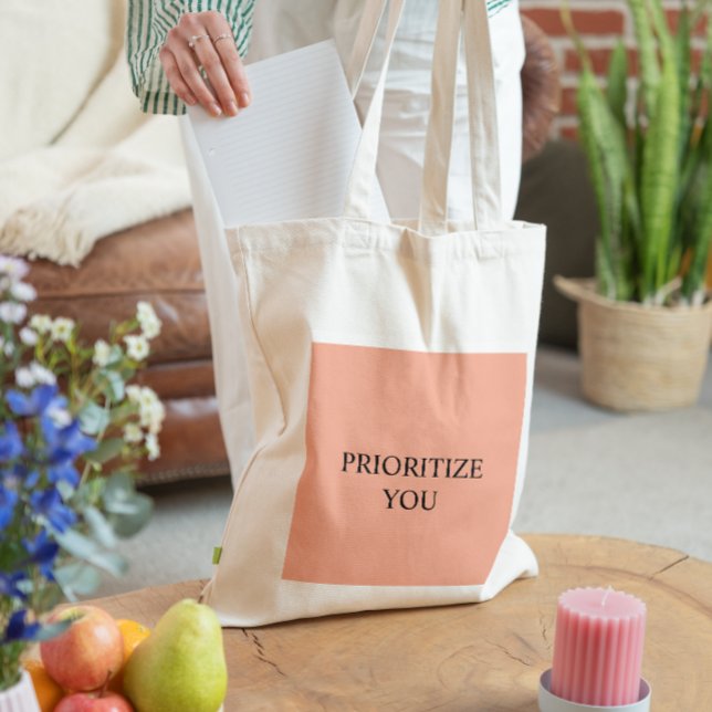 Minimal Prioritize You Quote Warm Blush Peach Tote Bag (Creator Uploaded)