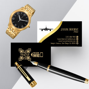 Minimal Professional QR Code Black Gold Pilot Business Card