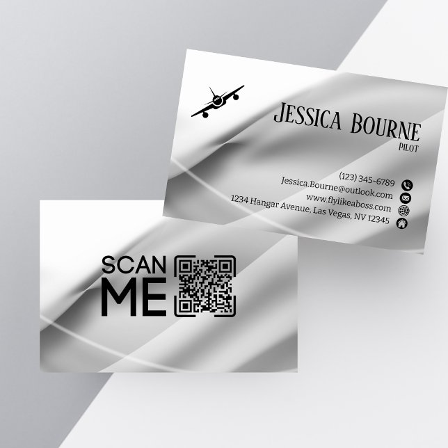 Minimal Professional QR Code White Silver Pilot Business Card (Creator Uploaded)