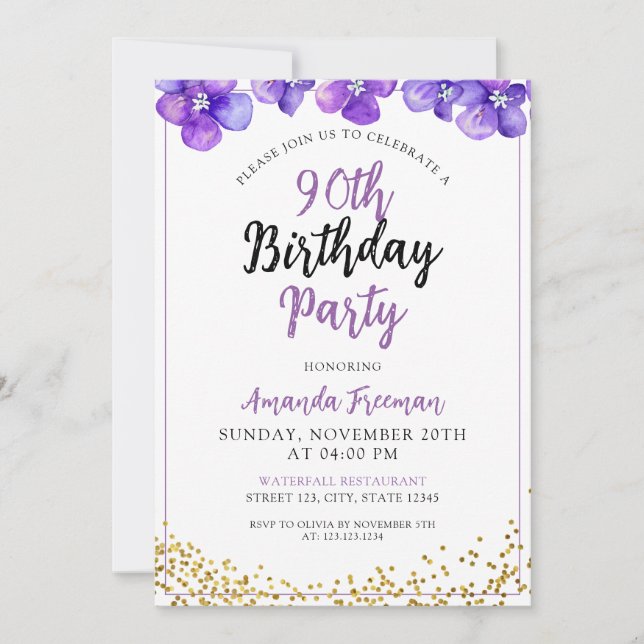Minimal Purple Flowers 90th Birthday Invitation (Front)