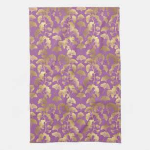 Minimal Purple Gold Ginkgo Leaf Pattern Tea Towel