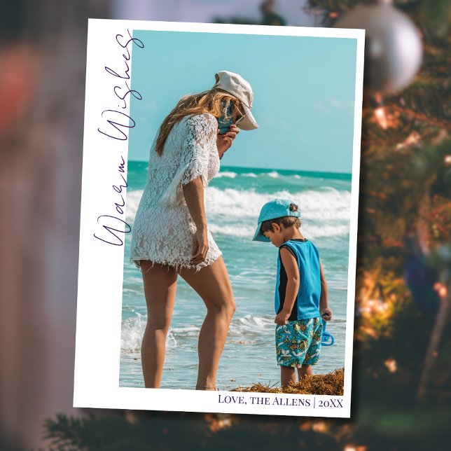 Minimal Purple Warm Wishes Two Beach Family Photo  Holiday Card (Creator Uploaded)