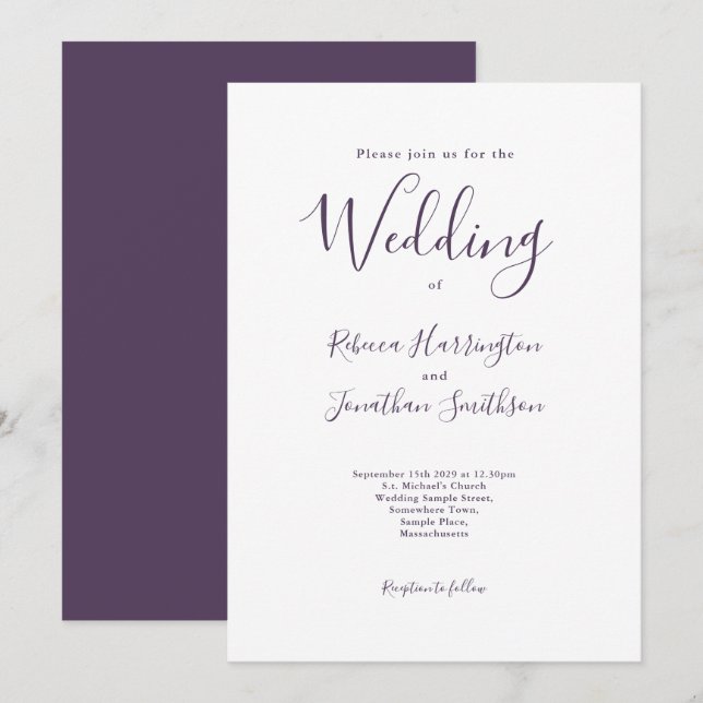 Minimal Purple White Modern Wedding Invitation (Front/Back)