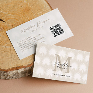 Minimal QR Code Beige Anahaw Leaf Script Monogram Business Card