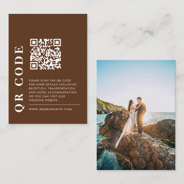 Minimal QR Code Dark Brown Wedding Detail Photo Enclosure Card (Front/Back)