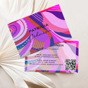 Minimal QR Code Retro Script Purple Pink Business Card
