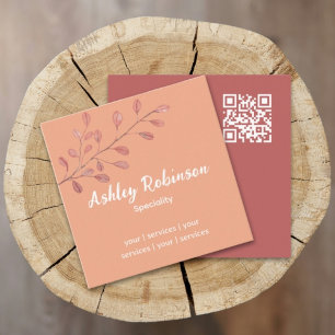 Minimal QR code rose terracotta leaf  Square Business Card