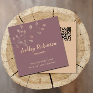 Minimal QR code terracotta pink leaf Square Business Card