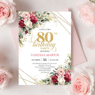 Minimal Red Burgundy Floral 80th Birthday Invite